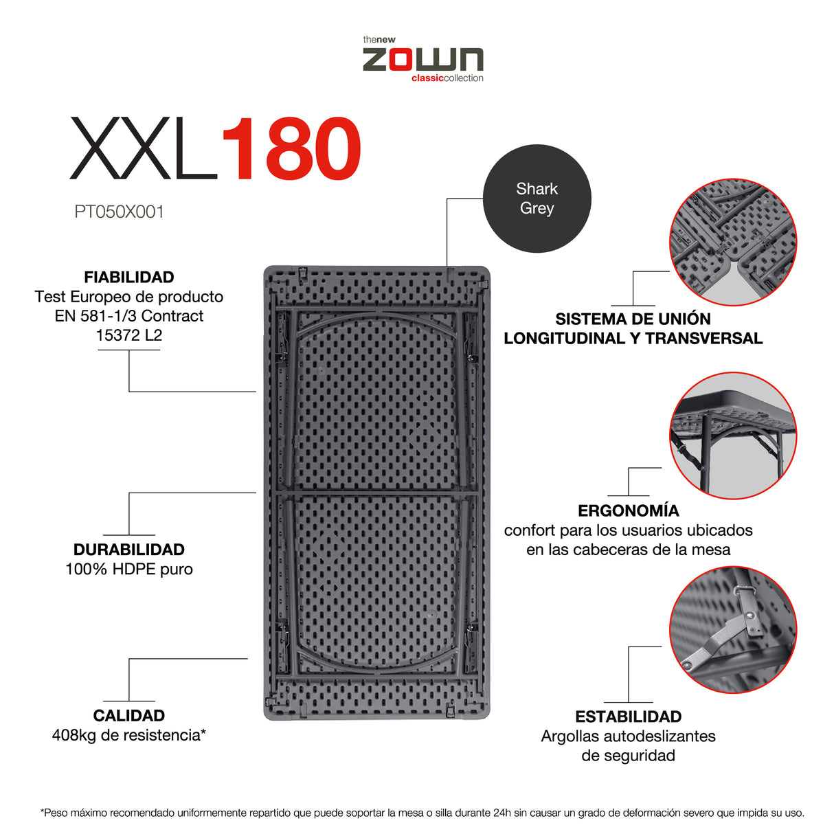 Mesa de 1.83mt Zown no plegable a la mitad XL180 New Classic